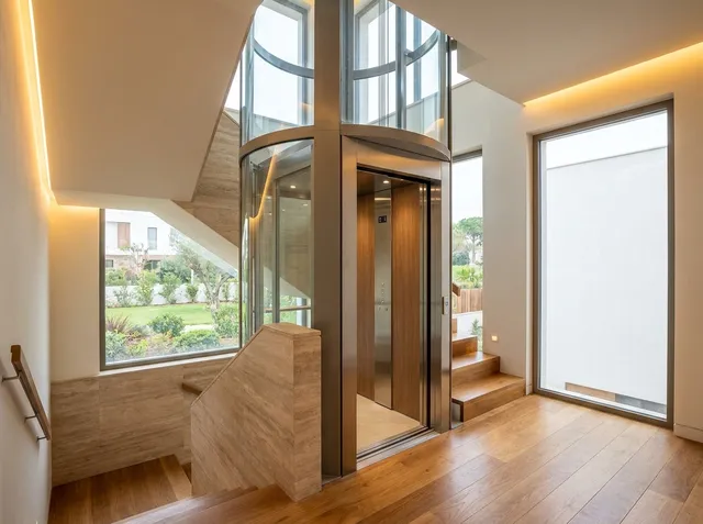 Lift rumah modern dengan kabin kaca di hunian pribadi
