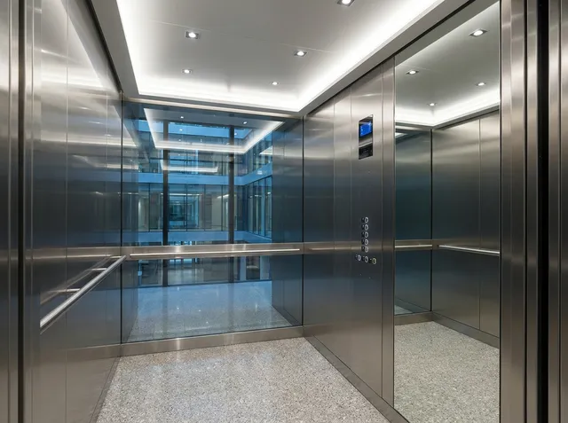 Lift penumpang gearless terpasang di lobi gedung perkantoran